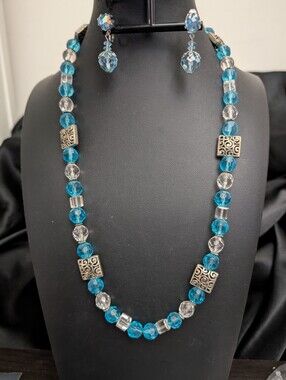 #93. Vintage Czech Glass Necklace With Earrings In Light Blue